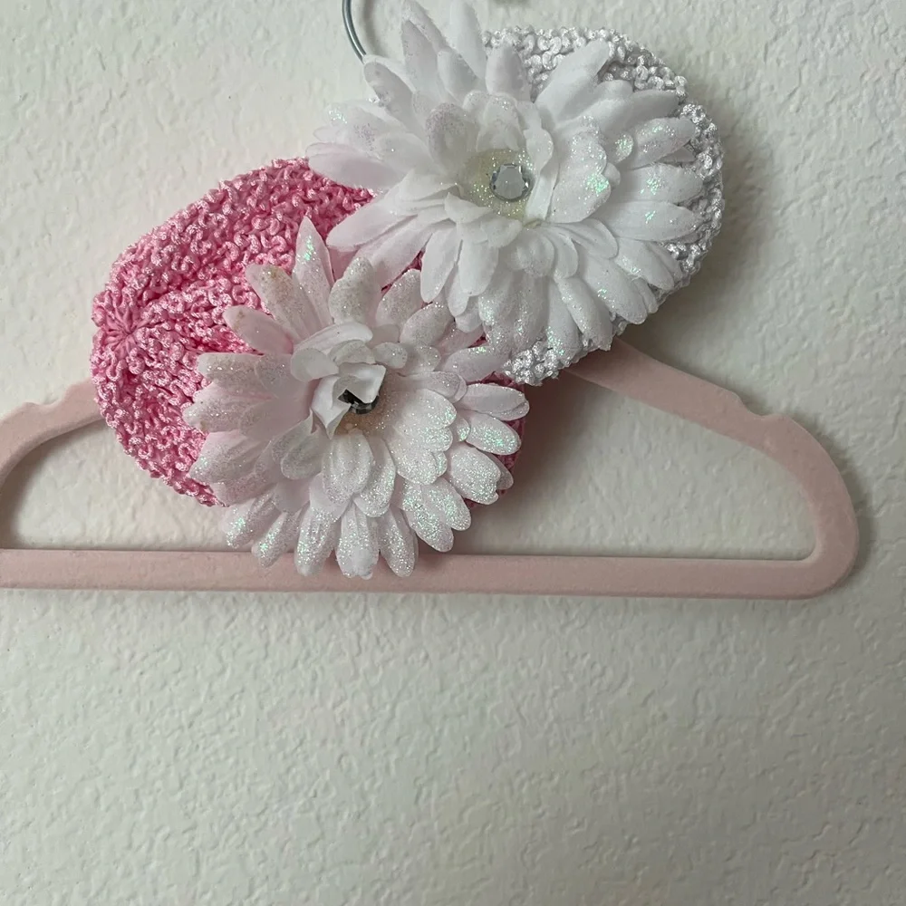 Pink and White Crochet Baby Headbands with White Sparkle Flower